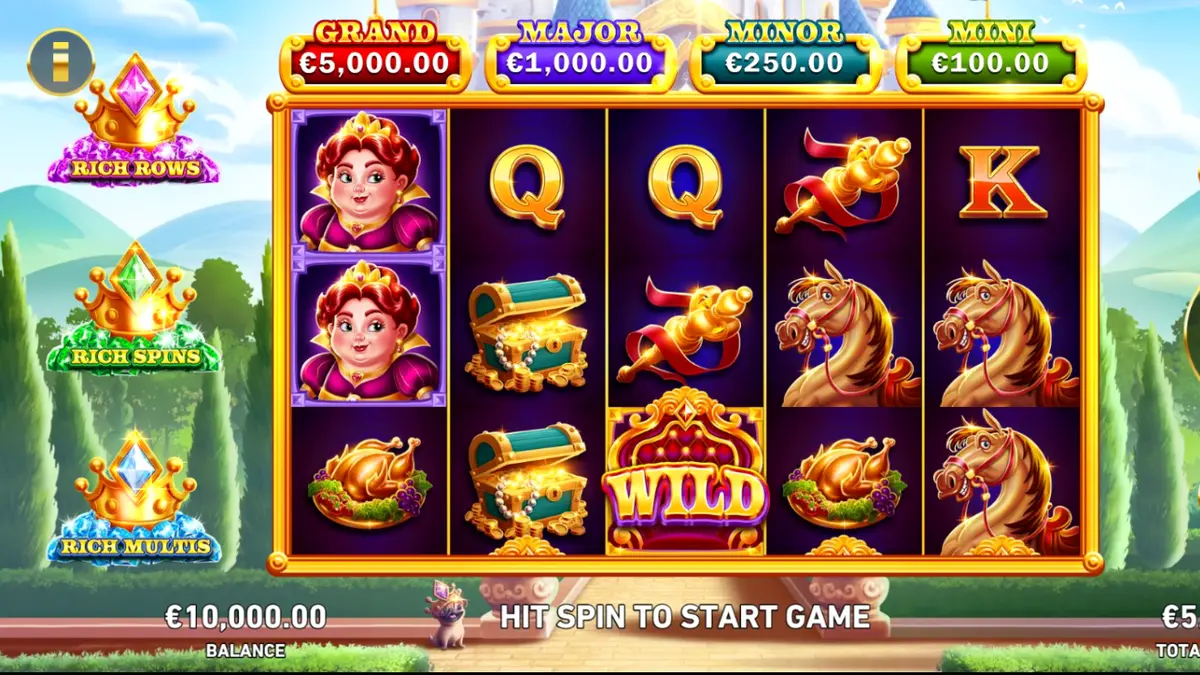 Isang makulay na eksena mula sa King Richwin slot na nagpapakita ng mga simbolo ng hari at mga hiyas.