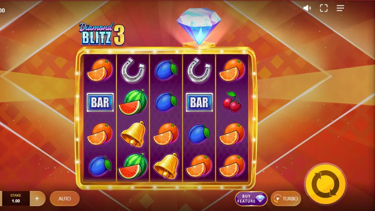 Diamond Blitz 3 slot machine screen na may makikinang na diamante at prutas